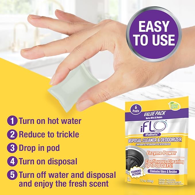 iFLO Foaming Garbage Disposal Cleaner Pods with iFLOBiotic – Powerful Garbage Disposal Foaming Action for Sink, Food Waste & Odor Removal – Disposal Cleaner Pods, 6 Pack