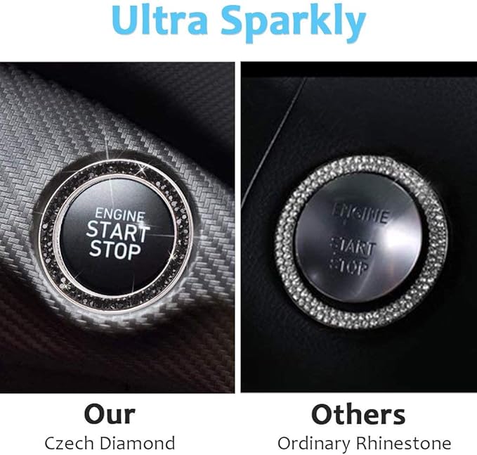 ToBeQueen Bling Car Crystal Rhinestone Ring Emblem Sticker, Car Interior Decoration, Bling Car Accessories for Women, Push to Start Button, Key Ignition Starter & Knob Ring (Black)