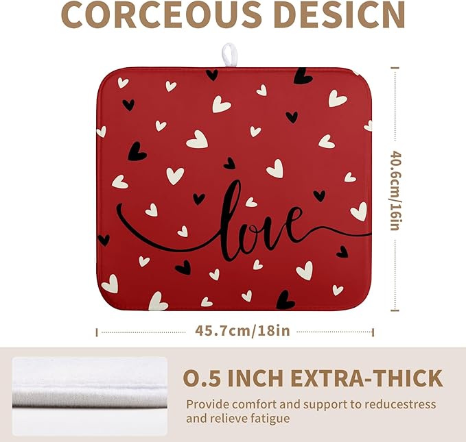 Wnoesat Valentine Dish Drying Mat for Kitchen Counter Valentines Day Red Black Love Heart Holiday Drying Mats Absorbent Microfiber Dish Draining Mat Medium Dish Rack Pad 16x18 Inch