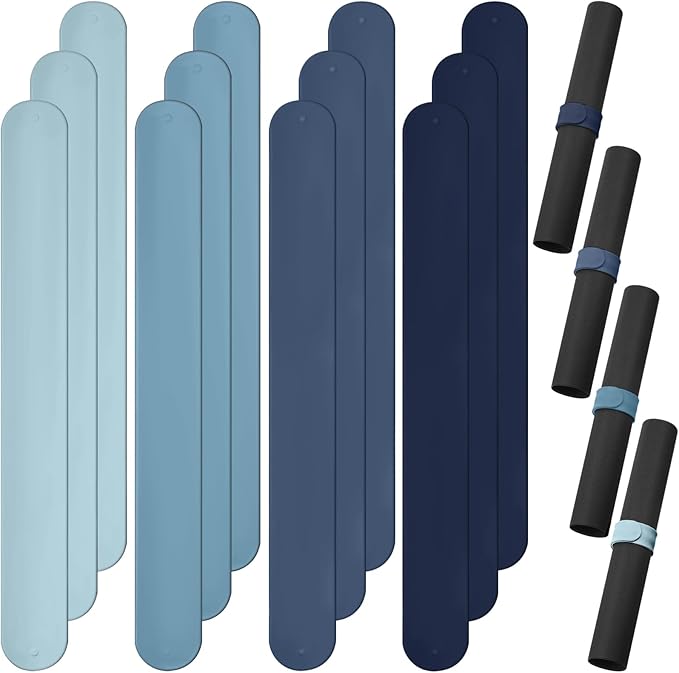 Charniol 12 Pieces Wrapping Paper Roll Holder Holiday Flip Wraps Silicone Covered Metal Strips Flip 1 x 9 Inch Stabilizer Slap Band for Poster Gift Paper Vinyl Storage Organize (Blue)