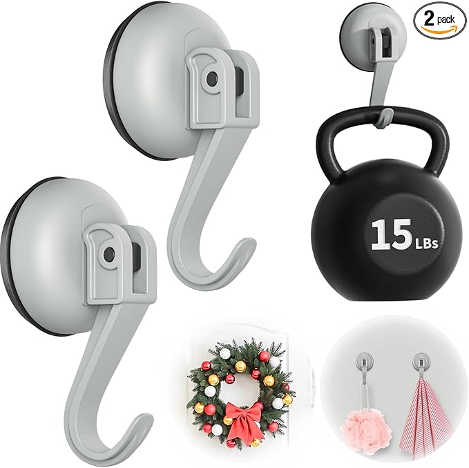 Suction Cup Hooks for Door Wreaths, 2 Pcs Removable & Reusable Christmas Wreath Hangers for Front Doors, No Drill Heavy Duty Vacuum Shower Hooks for Windows, Bathroom Towels, Kitchen, RV(Gray)