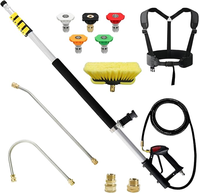 janz Aluminum 24 FT Telescoping Pressure Washer Wand with Pressure Washer Extension Wand,Gutter Cleaner Attachment, 5 Spray Nozzle Tips, 2 Hose Inlet Adapters and Support Harness