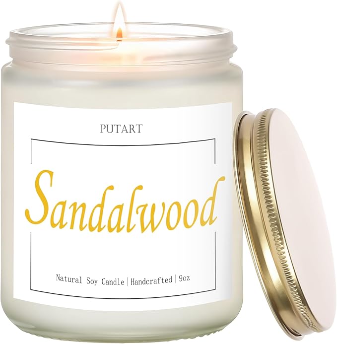 Sandalwood Scented Candles for Home, Natural Soy Wax Aromatherapy Santal Candle Gifts for Women & Men, Handmade Highly Scented & Long Lasting Non Toxic Jar Candle for Stress Relief (9oz
