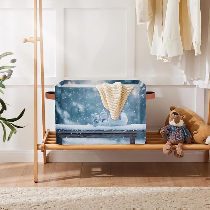 Storage Baskets Bin, Christmas Winter Snowman Collapsible Canvas Fabric Storage Bin Decorative Baskets Toy Organizer Rectangle Storage Boxes with Handles for Home Shelves Nursery, J-023