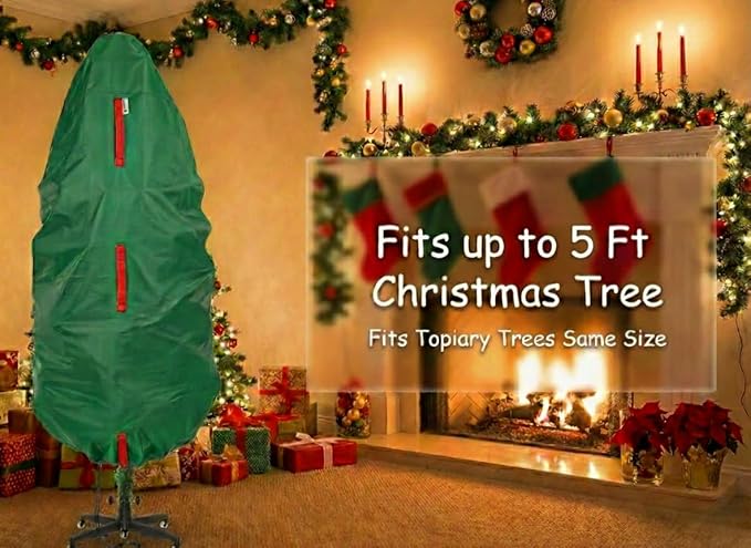 Upright Christmas Tree Storage Bag - Fits 5 Ft Artificial Xmas & Topiary Tree, Vertical Holiday Cover, Durable, Dustproof & Easy-Use Xmas Storage, Green