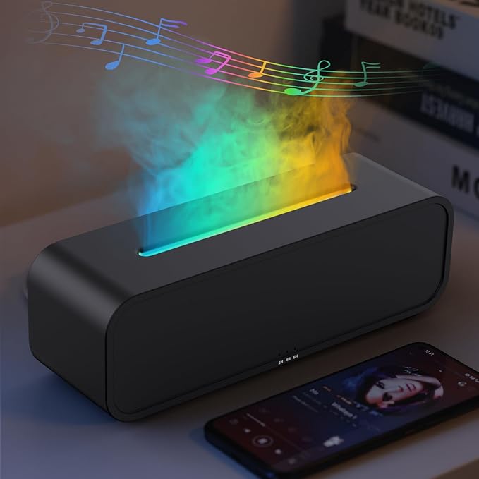 Essential Oil Diffuser, Music Sync Fire Flame Aromatherapy Diffuser, 250ml Cool Mist Humidifier, Scent Aroma Diffuser with 7 Colors Light, Remote Control, Timer & Auto-Off for Home Room (Black)