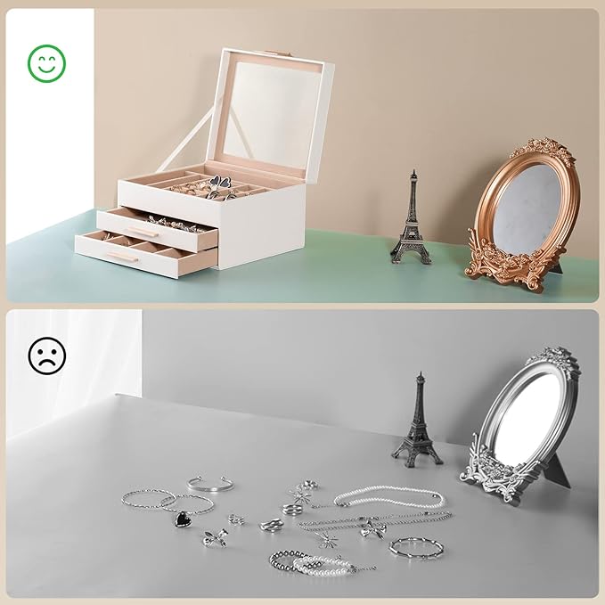 Jewelry Box Organizer for Women,3 Layers PU Leather Jewelry Storage Display Box with Glass Lid,Gift for people,3 Drawers,Large Capacity for Necklace Earrings Bracelets Rings,White
