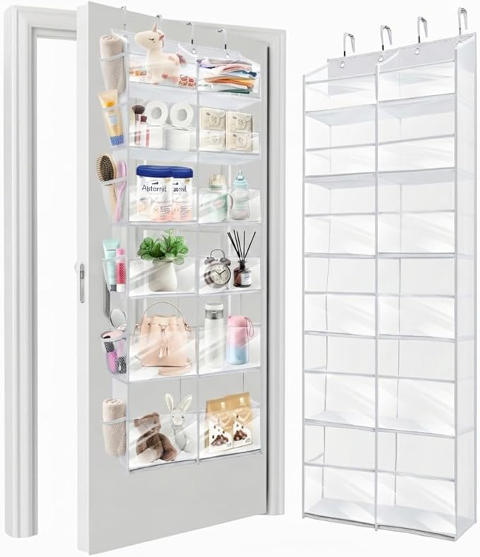 HOMELUX THEORY UPGRADED 6 Tiers Over The Door Organizer Hanging - 100D EXTRA THICK & 50lbs HUGE CAPACITY, 12 Side Mesh Pockets Over The Door Shoe Organizer, Hanging Closet Organizer (Transparent, XL)