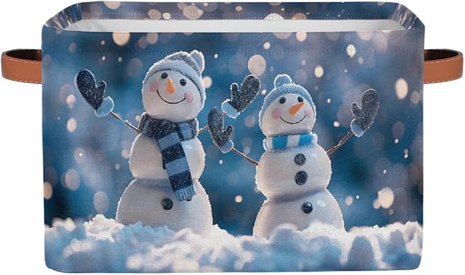 Storage Baskets Bin, Christmas Winter Snowman Collapsible Canvas Fabric Storage Bin Decorative Baskets Toy Organizer Rectangle Storage Boxes with Handles for Home Shelves Nursery, J-021