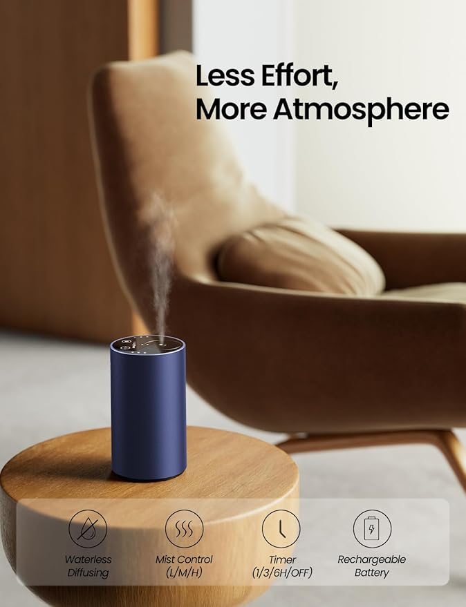 Waterless Essential Oil Diffuser, Rechargeable Scent Diffusers with 3 Mist Levels & Timers, Portable Aromatherapy Diffuser for Home Car Room Studio Office, Deep Blue
