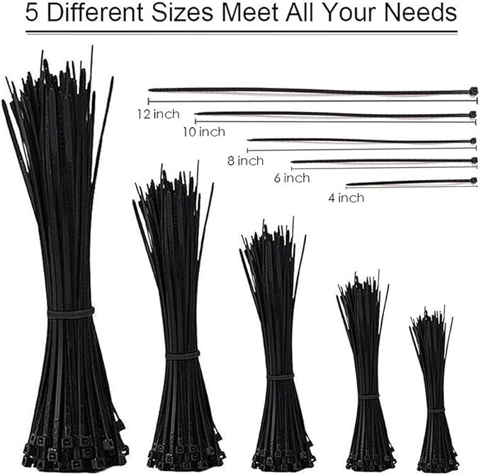 NewMainOne Cable Zip Ties,500 Packs Self-Locking 4+6+8+10+12-Inch Width 0.16inch Nylon Cable Ties,Perfect for Home,Office,Garage and Workshop (Black)