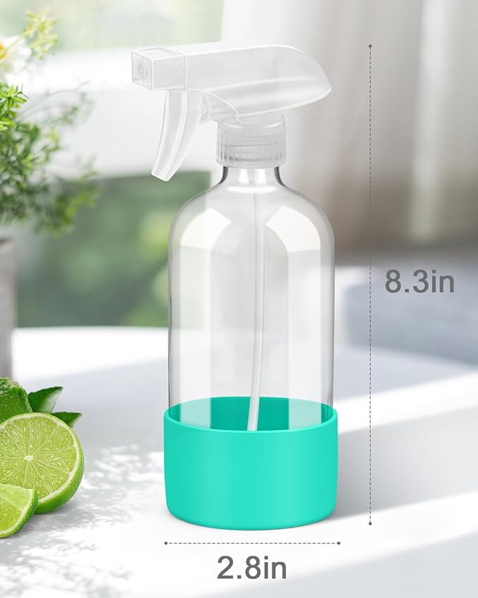 Rionisor Glass Spray Bottles with Silicone Sleeve Protection, Empty 16OZ Reusable Spray Bottles, Refillable Containers with Spray Nozzles for Cleaning Solutions, Plants and Essential Oils 1 Pack Green