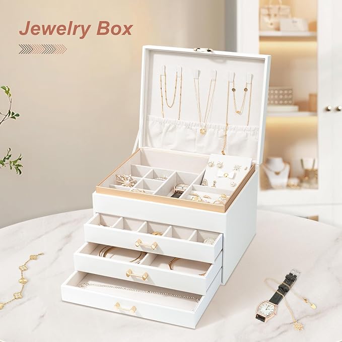 Jewelry Organizer Box, Women Jewelry Box White Jewelry Case 3-Layer with 3 Drawers, Jewelry Boxes for Women Jewelry Organizer, White