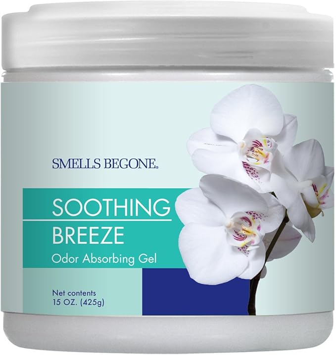 SMELLS BEGONE 15oz Gel Odor Eliminator - Absorb & Remove Tough Odors in Pet Areas, Bathrooms, Basements, Garage, Cars, RVs & Boats - Eliminate Odors Quickly (1-Pack, Soothing Breeze)