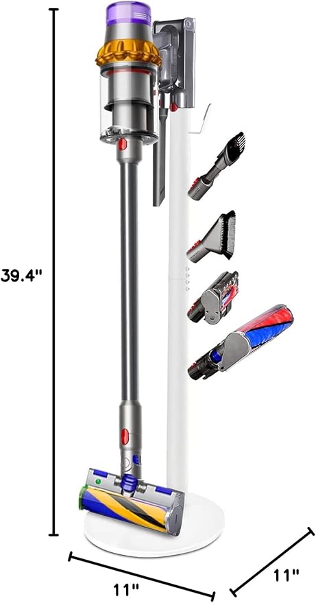 Freestanding Vacuum Stand Holder Compatible with V15 Detect, V11 V10 V8 V7 V6 Cordless Vacuum Cleaners, Floor Docking Station Metal Organizer Bracket with 5 Hooks, White