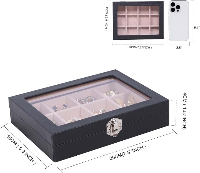 Stratalife 12-Slot Earring Organizer Box Detachable Jewelry Holder for Women & Girls Velvet Lined Earring Case with Lid Compact Jewelry Storage for Earrings Rings and Charms Black Pink