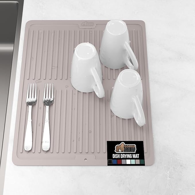GORILLA GRIP 100% BPA-Free Patented Silicone Dish Drying Mat for Kitchen Counter, Water Catching Ribbed Design, Easy Clean Waterproof Sink Liner, Heat Resistant, Fits Under Rack, 12x16 Inch, Almond