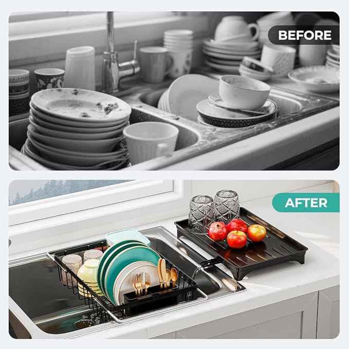 HANLE Small Dish Drying Rack in Sink, Expandable Stainless Steel Dish Drainers for Kitchen Counter, with Drain Board & Utensil Holder(Black)