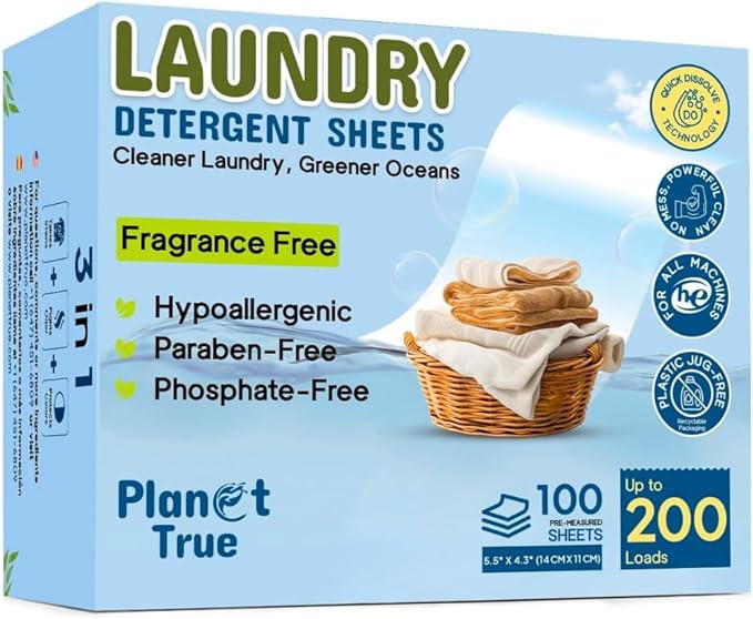 Eco-Friendly Laundry Detergent Sheets, 200 Loads (100 Sheets) Fragrance Free Sheet laundry detergent, Plastic-Free laundry detergent sheets travel, Easy Storage & Liquidless Washing