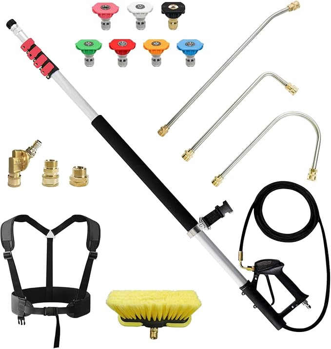 Carivia 24 FT Telescoping Pressure Washer Wand with Pressure Washer Extension Wand,Brush Head,Gutter Cleaner Attachment and Support Belt,Pressure Washer Extension Pole for Wall Roof Gutter
