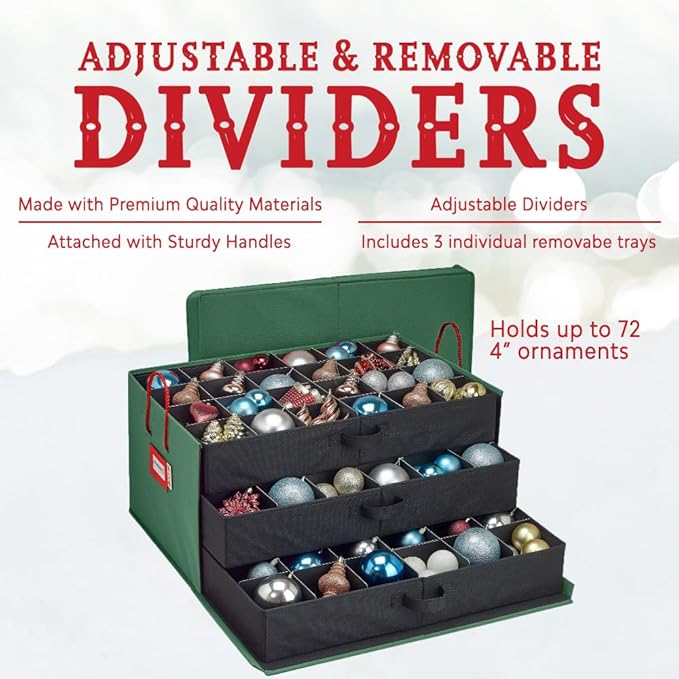 HOLDN’ STORAGE Christmas Ornament Storage Box with Dividers, Holds Up to 72 Ornaments (4 Inches), Large Organizer with 3 Stackable Trays - Green