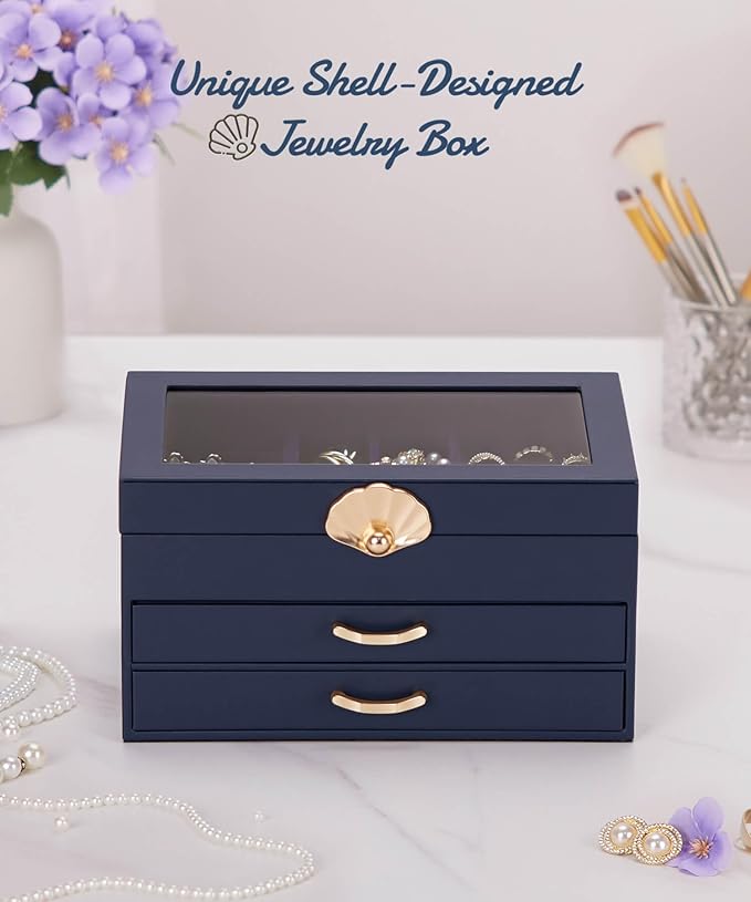 Jewelry Box with 2 Drawers: Display Organizer for Earrings Necklaces - Gifts for Girls Women (Dark Blue)
