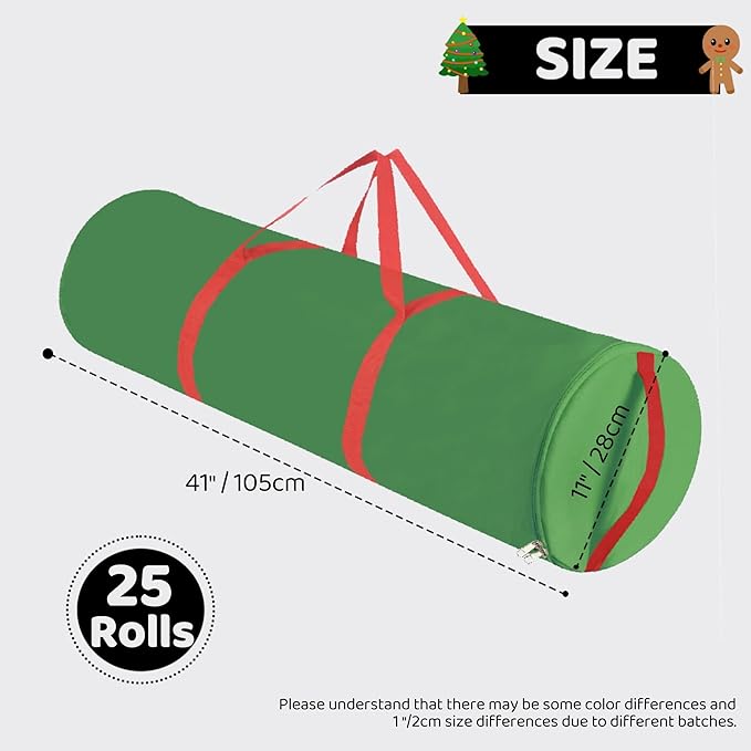 OUTTDID Christmas Wrapping Paper Organizer Storage, 41" Gift Wrapping Paper Storage Containers, 600D Oxford Fabric Gift Wrap Paper Holder Fits 18-25 Rolls, with Handles and Zippered, Green