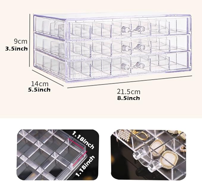 Earring Storage Box Organizer 3 Drawers Acrylic Jewelry Storage Box Holder Transparent Jewelry Display Stand with 72 Small Compartments Gift for Women Girls (Clear)