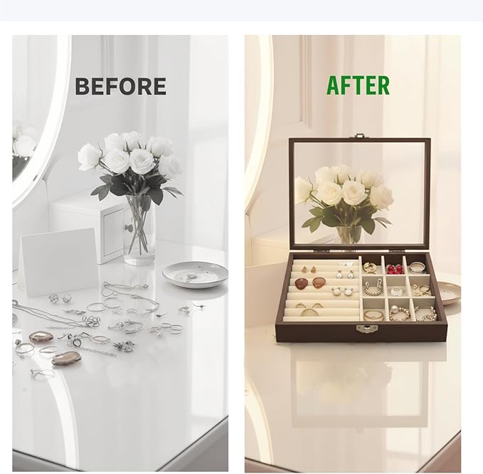 CT SUN Small Wooden Jewelry Organizer Box Case, Vintage Style Display Case with HD Glass Lid, Velvet Lining, for Women Rings Earrings Bracelets Brooches, Compact Size Jewelry Box for traveling