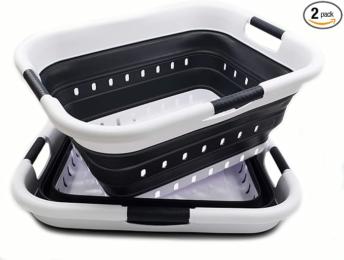 SAMMART 41L (10.8 gallon) Set of 2 Collapsible 3 Handled Plastic Laundry Basket-Foldable Pop Up Storage Container/Organizer-Space Saving Hamper/Basket (2, Black)