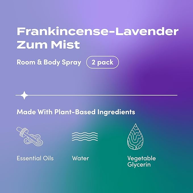 Indigo Wild Zum Mist Room & Body Spray - Aromatherapy Essential Oil Spray - Natural Body Mist & Room Spray - Frankincense-Lavender Scent - 4 fl oz (2 Pack)