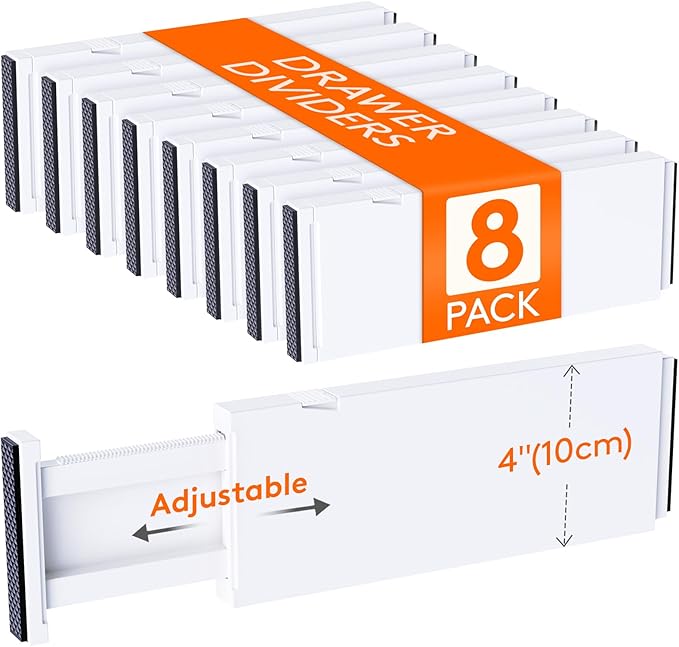 Lifewit 8 Pack Drawer Dividers 4" High, 11-17" Adjustable Dresser Drawer Organizers for Clothes, Expandable Drawer Separators in Kitchen/Bedroom/Bathroom/Vanity/Office Organization and Storage, White