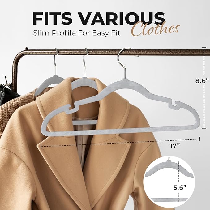100 Pack Velvet Hanger for Shirt Pants Dresses Skirts Suits Jackets - Slim Space Saving Design - Standard Coat Hanger - Sturdy & Durable Design with Shoulder Grooves Hook