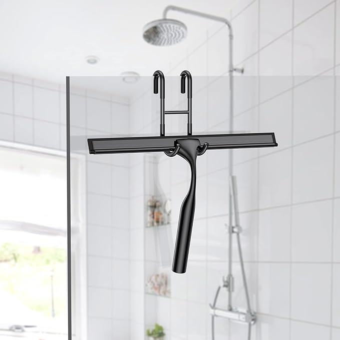Black Shower Squeegee for Glass Door 12-Inch Bathroom Squeegee Window Wiper, with Shower Door Hook, Adhesive Hook, Spare Silicone Blade for Window Mirror Car All-Purpose Squeegee
