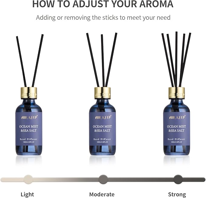 Airkeep Reed Diffuser Set, 3.38 fl oz (100 ml) - Ocean Mist&Sea Salt Oil Diffusers with 8 Reed Sticks, Home Fragrance Reed Diffuser for Bathroom Shelf Decor