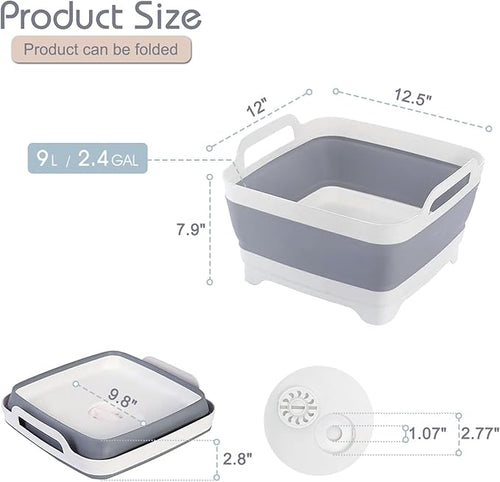 2.4 Gal(9L) Collapsible Dish Basin with Drain Plug, Space Saving Outdoor Multiuse Foldable Sink Tub, Dishpan, Kitchen Storage Tray for Camping, Vegetable Washing, RV (Gray)