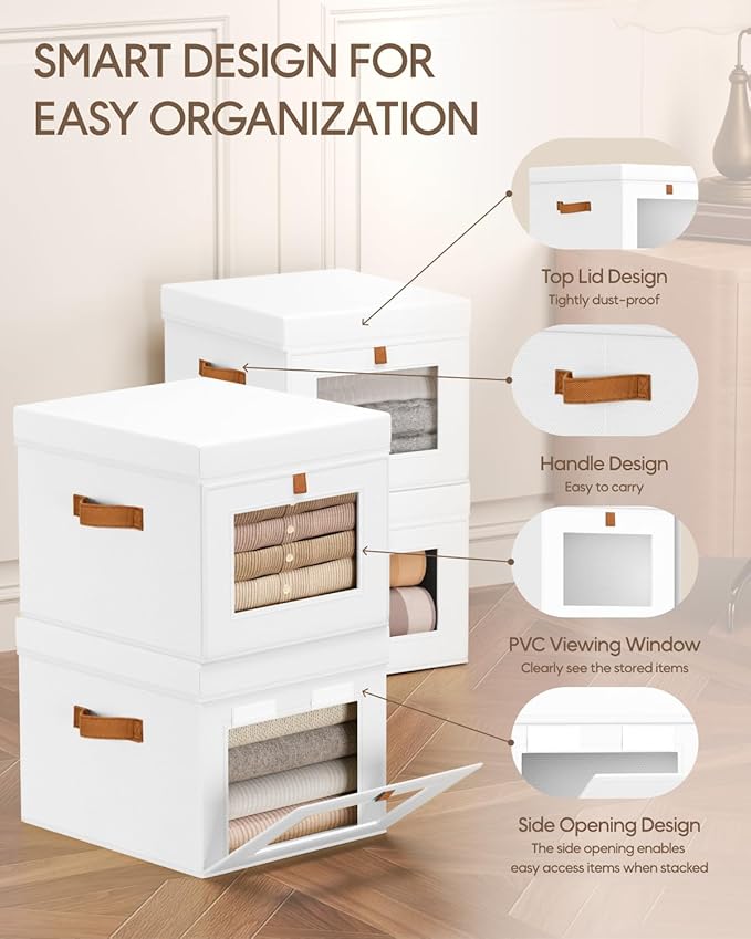 Storage Bins with Lid – Closet Organizer with Side Opening and Clear Window, Foldable Stackable Fabric Basket for Clothes, Home, Office - 13.77" x 11.8" x 9.8", 6 Pack, White