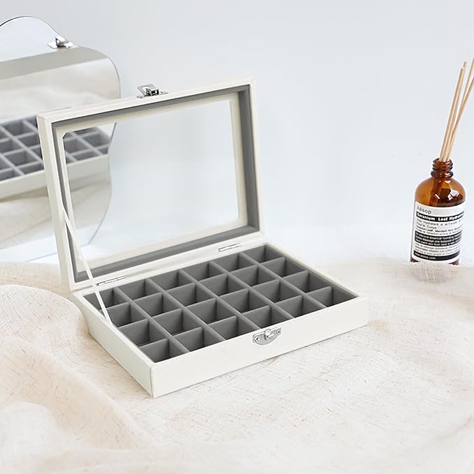 Wudygirl 24 Grid Jewelry Organizer Small Jewelry Box Velvet Earring Holder Organizer for Women Ring Holder Display for Drawer Jewelry Case Earring Organizer with Lid Jewelry Storage (Gray)