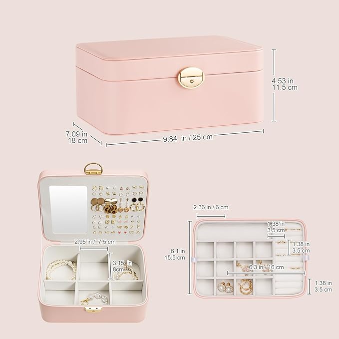 Lolalet 2 Layer Jewelry Box with Lock and Key for Teen Girls & Young Women, Jewelry Organizer Case with Round Clasp and Mirror for Earrings Rings Necklaces Storage, Gift Idea -Lightpink