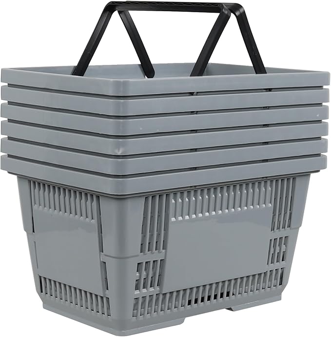 Set of 6 Plastic Shopping Basket with Handles, 28 L Plastic Grocery Baskets, Gray