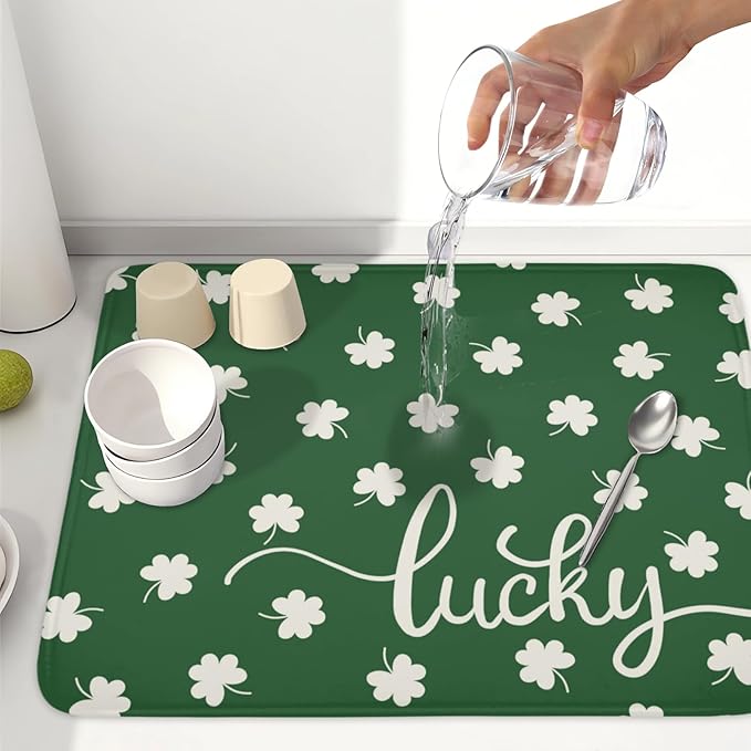 Wnoesat St Patricks Day Lucky Clover Dish Drying Mats for Kitchen Counter Green White Shamrock Dish Drying Pad St Patrick Microfiber Absorbent Reusable Washable Large Dishes Drying Mat 18x24 Inch