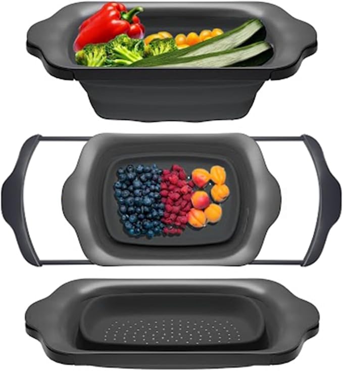 Comfify Over-the-Sink Colander with Handles – Sleek Plastic Black Kitchen Strainer for Pasta, Vegetables & Fruits – Space-Saving Design – 17.1" x 10.1" x 1.4"