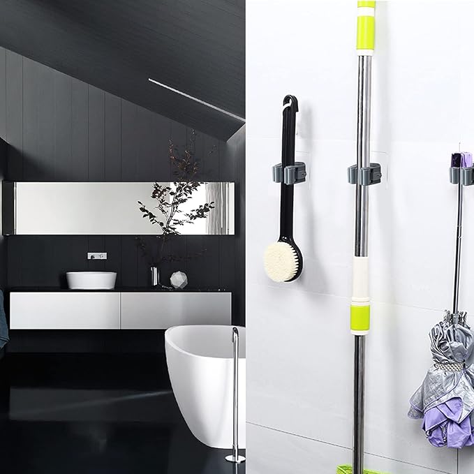 3-H 24-Pack Self Adhesive Broom Holder Wall Mount - Heavy Duty No Drill Broom Organizer for Garage Closet Kitchen, Plastic Storage Rack for Brooms Mops Tools, Peel and Stick Adhesive