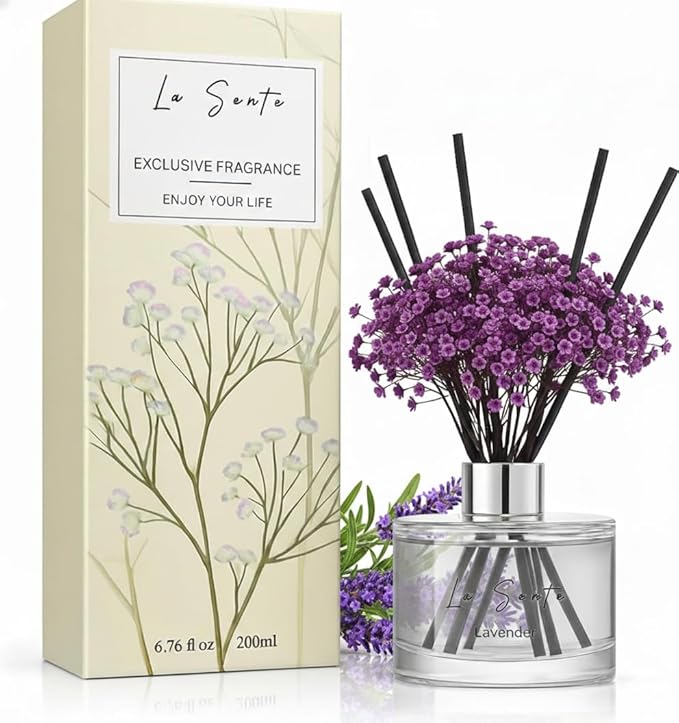 Reed Diffuser Set (6.7fl oz), Natural Lavender Essential Oil Fragrance with Glass Bottle, Black Rattan Sticks & Preserved Flowers, Up to 120 Days Lasting Fragrance for Home & Office