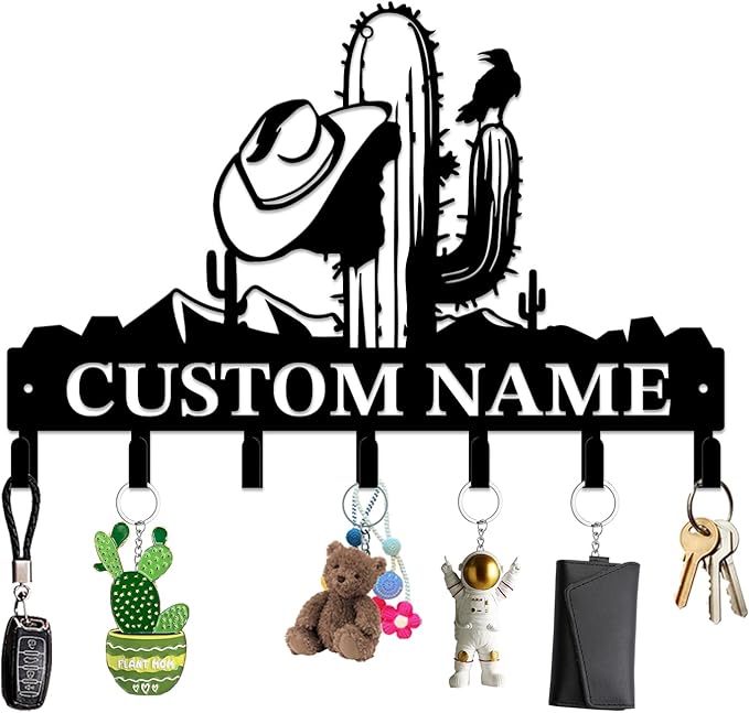 Personalized Custom Name Cactus Wall Keys Hooks,Metal Cactus Art Clothes Hooks,Metal Cactus Lover Wall Home Storage Decorative,For Front Door, Hallway, Kitchen, Bedroom,Keys,Hats (Style F)