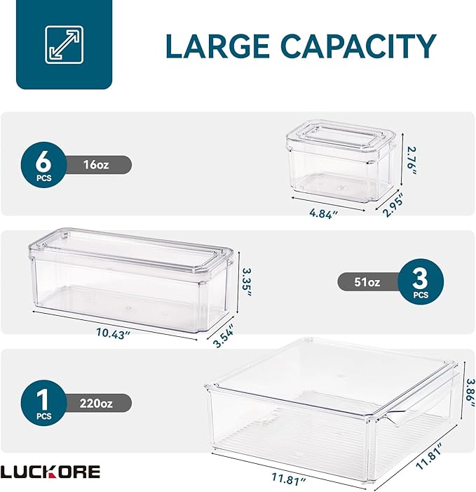 Luckore 10 Pack Clear Fridge Organizer, Stackable Refrigerator Organizer Bins with Lids, Fridge Storage Containers for Kitchen, Food, Cabinets, Fruits, Vegetables, Cereals