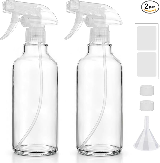 Hethyo Glass Spray Bottles 16.9oz Empty Spray Bottle Mist/Stream Spraying Small Refillable Containers for Hair Care, Cleaning Solutions, Plants, Essential Oils 2 Pack (Clear, 16.9oz)