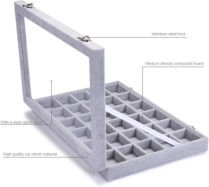 Jewelry Organizer Tray with Clear Lid 30 Grid Velvet Drawer Insert Jewelry Storage box with Glass lid Display Case Store Showcase Holder with Lock Gifts for Women(Grey, 30 Grid)