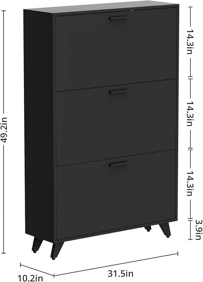 Black Shoe Storage Cabinet - Fit up to Size 16, 3 Flip Drawers, Wooden Organizer for Entryway, Closet, Living Room
