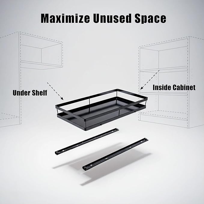 Under Sink Organizer, Ball-Bearing, Under Kitchen Sink Organizer, Under Cabinet Organizer, No-Drill Adhesive, Under Sink Storage (Glossy Black, 1-Pack)